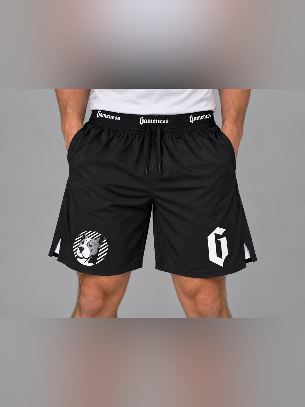 Gameness MMA BJJ Grappling Fight Shorts Black White Bulldog Logo XL
